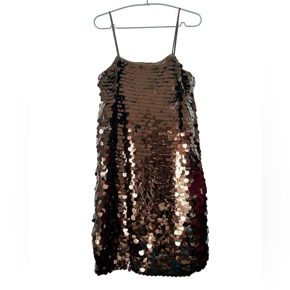 WILD FABLE Brown Big Sequins Spaghetti Strap Mini Pull On Medium Dress BNWT - Picture 3 of 7